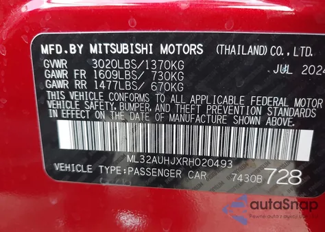 2024 Mitsubishi Mirage Es/Le from USA, damaged, VIN ML32AUHJXRH020493